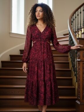 NWT Sofia Jeans Burgundy Shimmer Cut‑Out Long Sheer Sleeve Maxi — Size XS